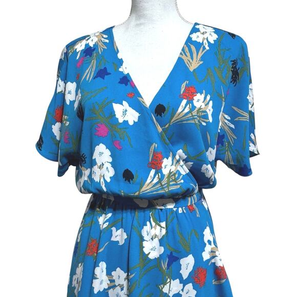 J. Crew Faux Wrap V-Neck Elastic Waist Dress Blue Floral Size Small - Picture 2 of 11